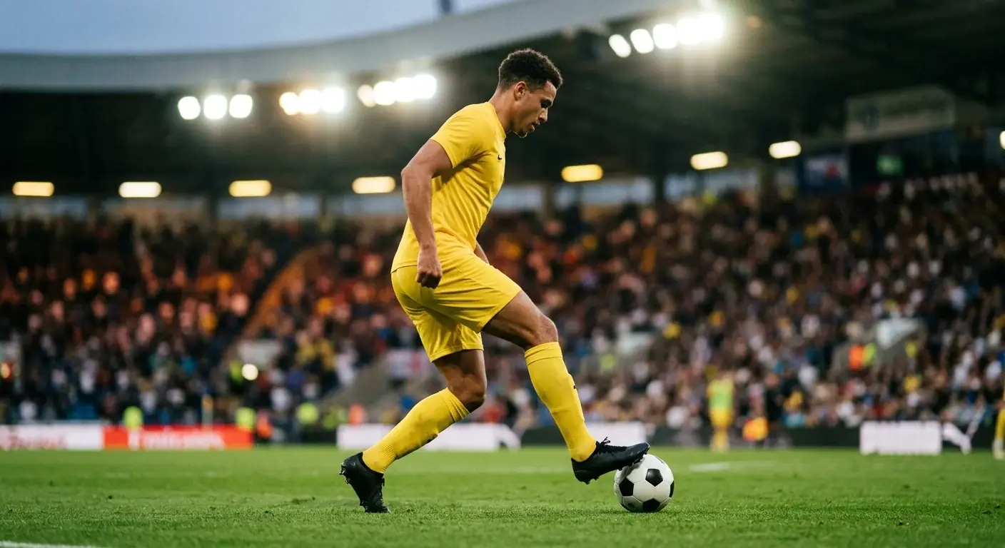 Fußballspieler im gelben Trikot führt den Ball in einem Abendspiel der WM 2026