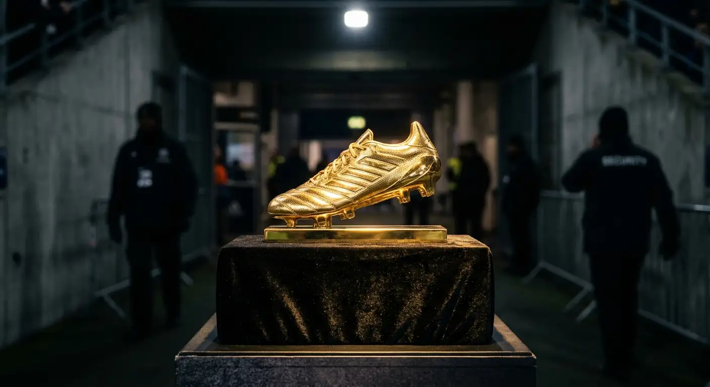 Nahaufnahme eines goldenen Fußballschuhs als Trophäe auf einem Sockel in einem Stadion