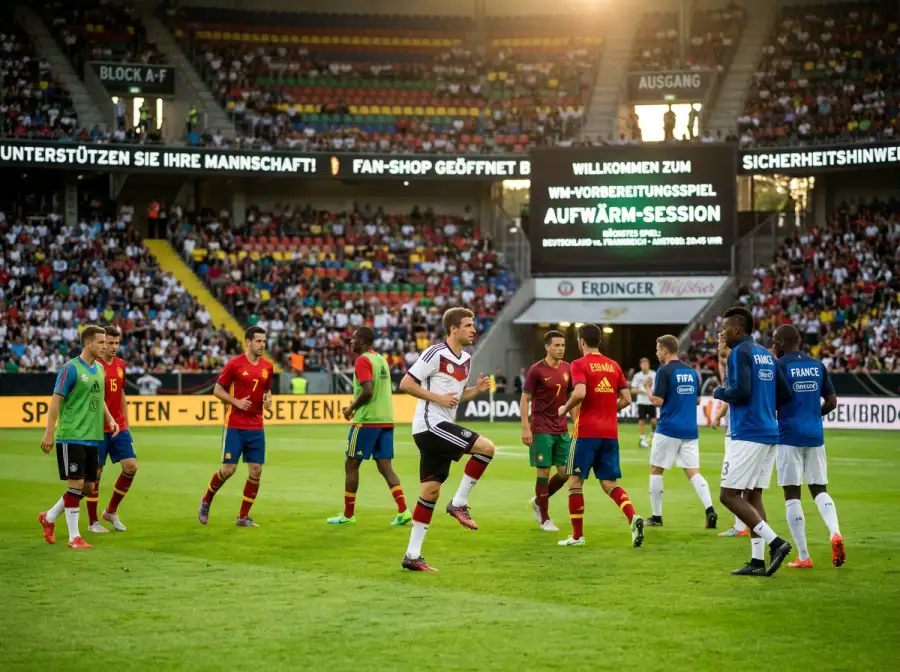 Fußballspieler in Nationalmannschaftstrikots beim Aufwärmen auf dem Rasen eines WM-Stadions