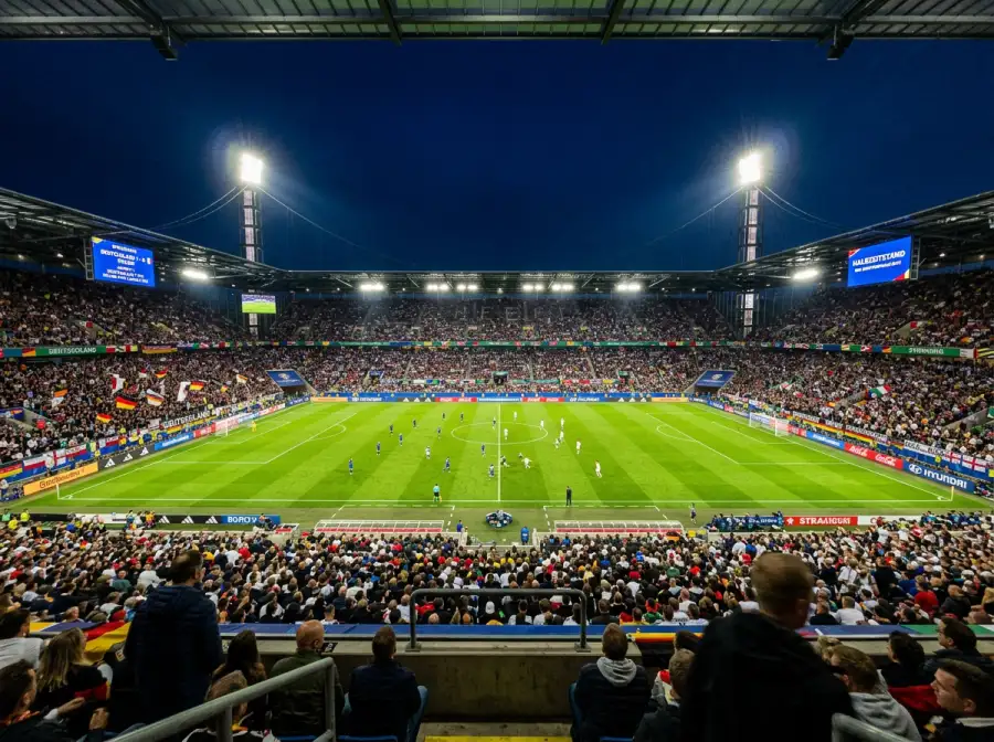 Blick von der Tribüne auf ein vollbesetztes Fußballstadion während eines WM-Gruppenspiels bei Flutlicht