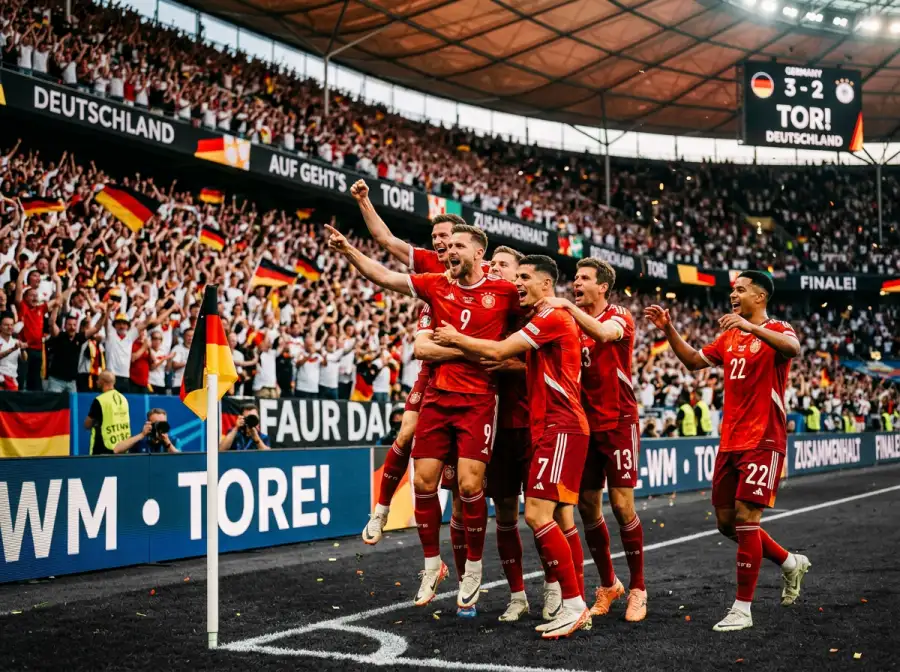 Österreichische Fußballspieler in rot-weißen Trikots feiern ein Tor während eines Qualifikationsspiels im Stadion