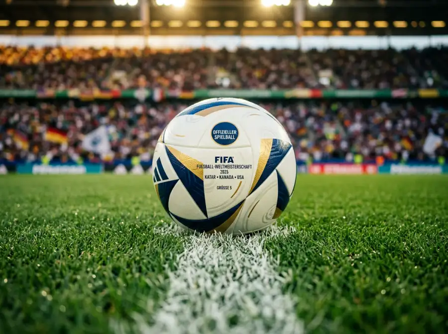 Nahaufnahme eines Fußballs auf dem Anstoßpunkt eines perfekt gepflegten WM-Spielfelds mit Stadionrängen im Hintergrund