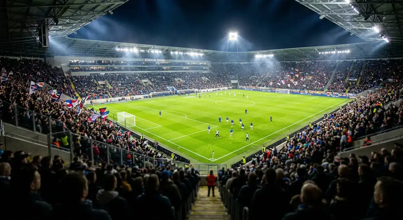 Stadion bei Flutlicht mit Blick auf das Spielfeld vor einem K.-o.-Spiel der WM 2026