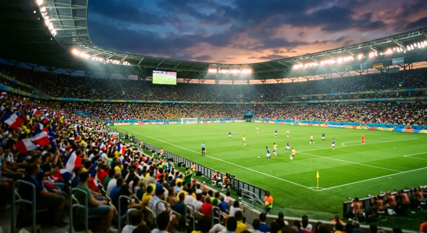 Fußballstadion bei Flutlicht während eines Abendspiels der WM 2026