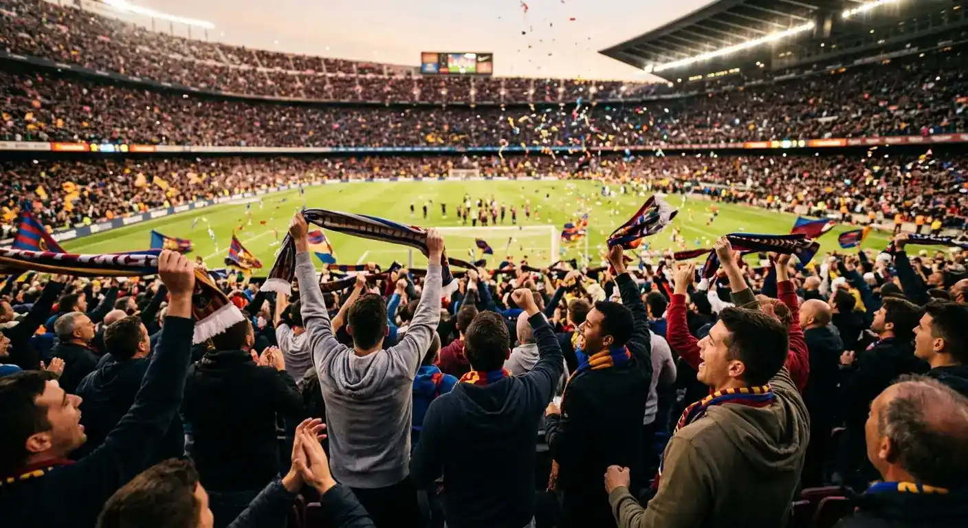Jubelnde Fußballfans feiern einen Sieg in einem vollen Stadion