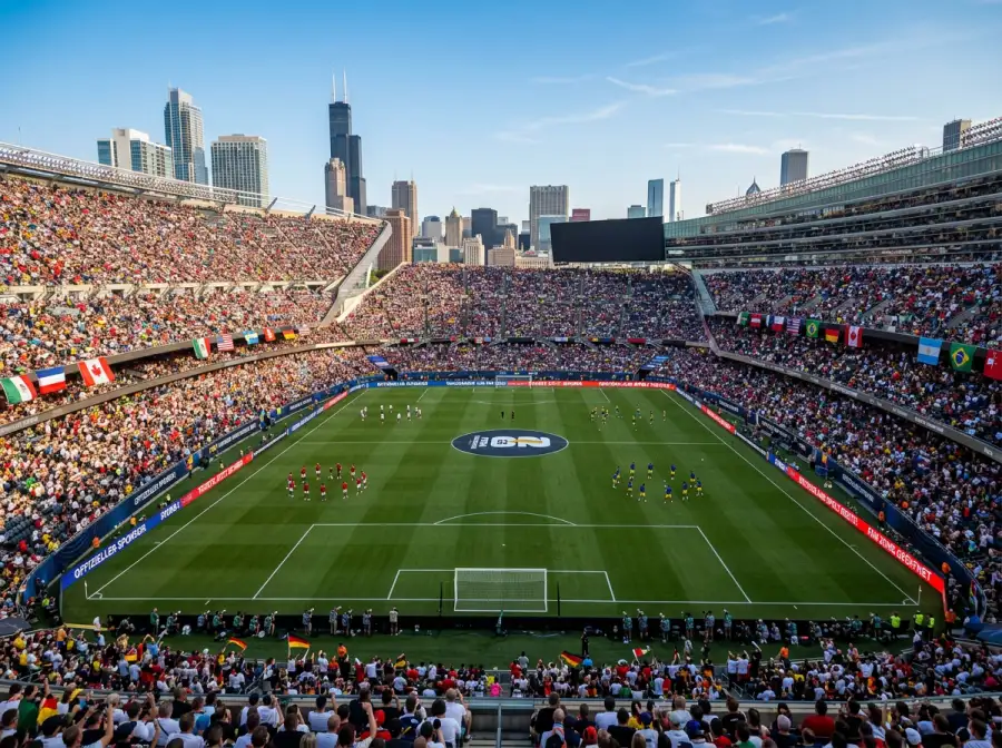 Panoramablick auf ein großes Fußballstadion in den USA bei Sonnenuntergang vor einem WM-2026-Gruppenspiel