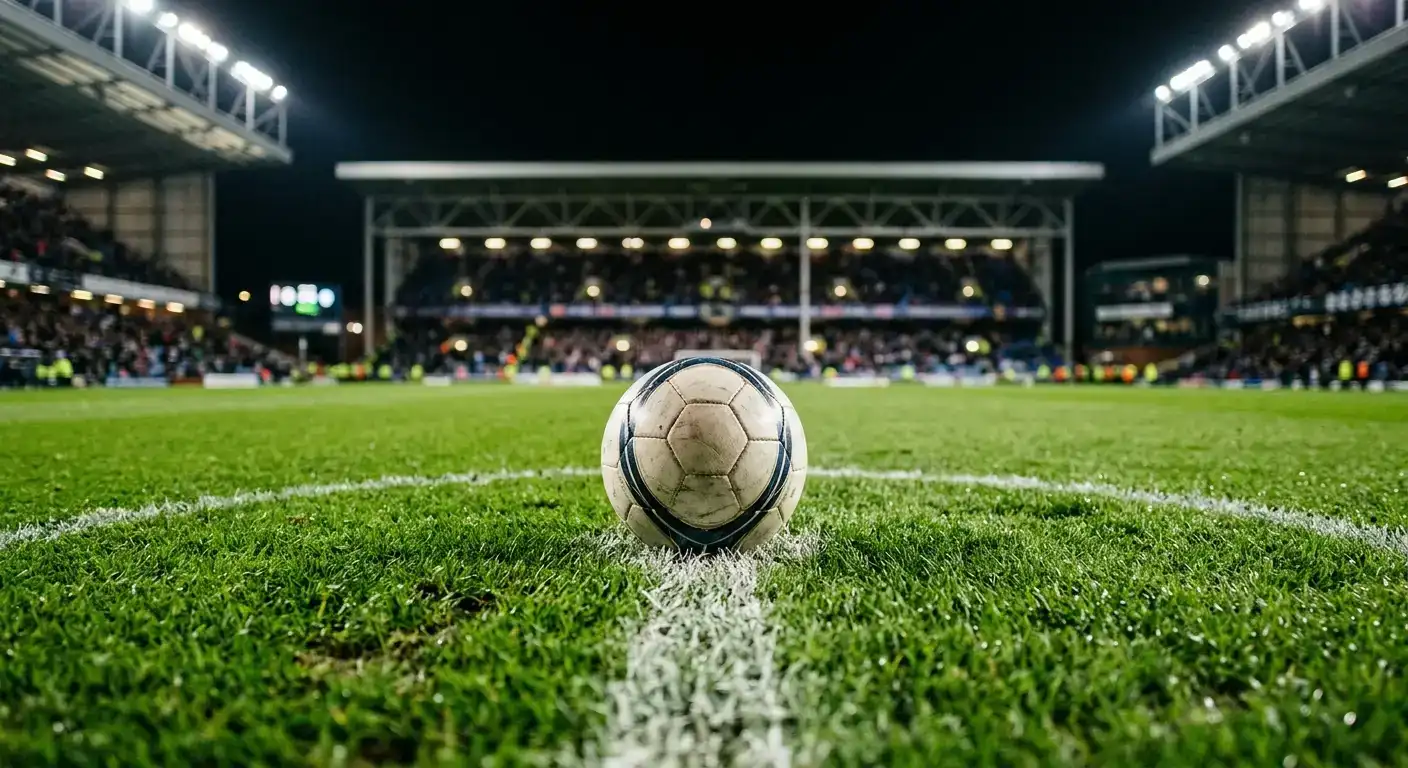 Fußball auf dem Anstoßpunkt eines Stadions bei Flutlicht