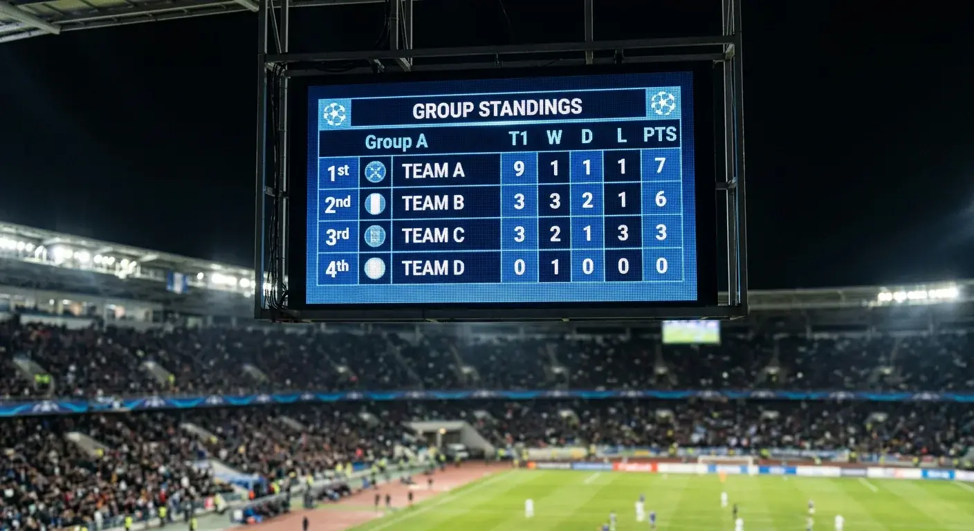 Großbildanzeige in einem Stadion mit einer Gruppentabelle während der WM 2026