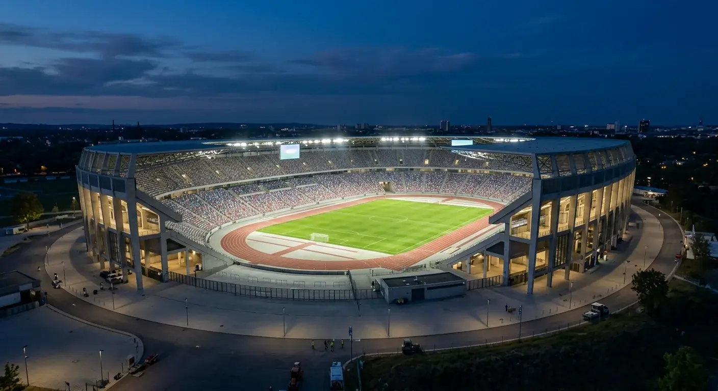 Beleuchtetes Fußballstadion in der Abenddämmerung vor einem Spiel der WM 2026