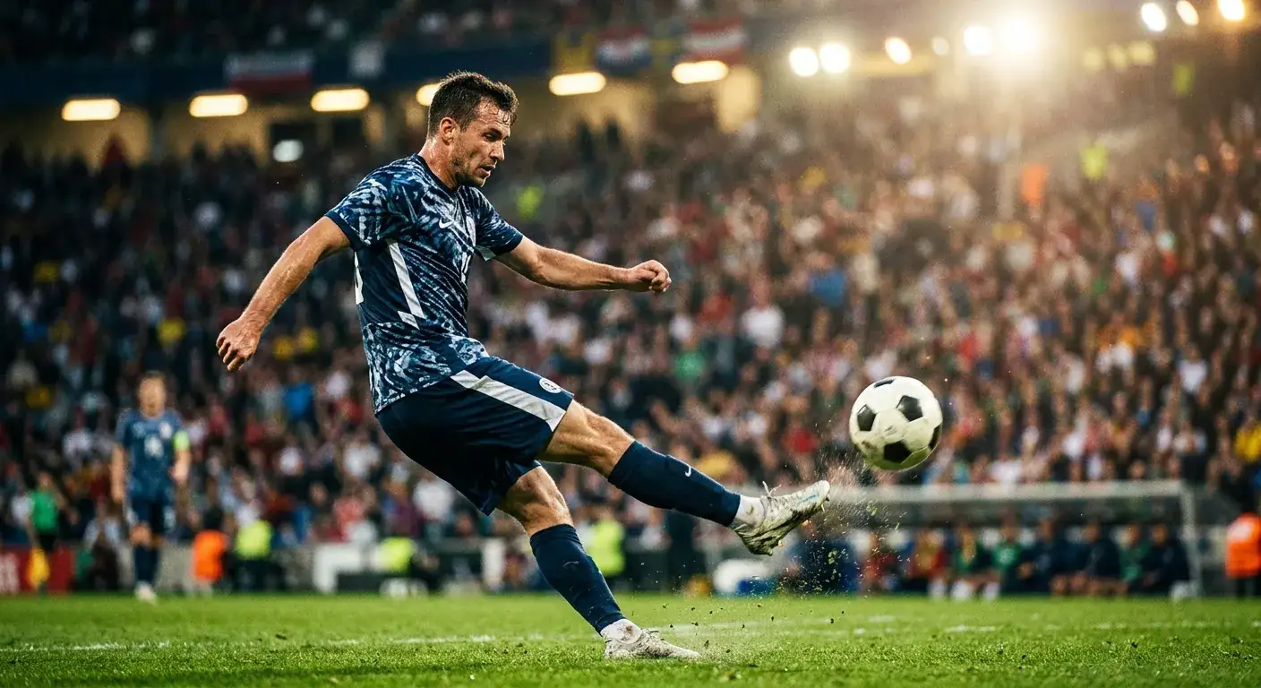 Fußballspieler schießt den Ball in einem Abendspiel bei Flutlicht