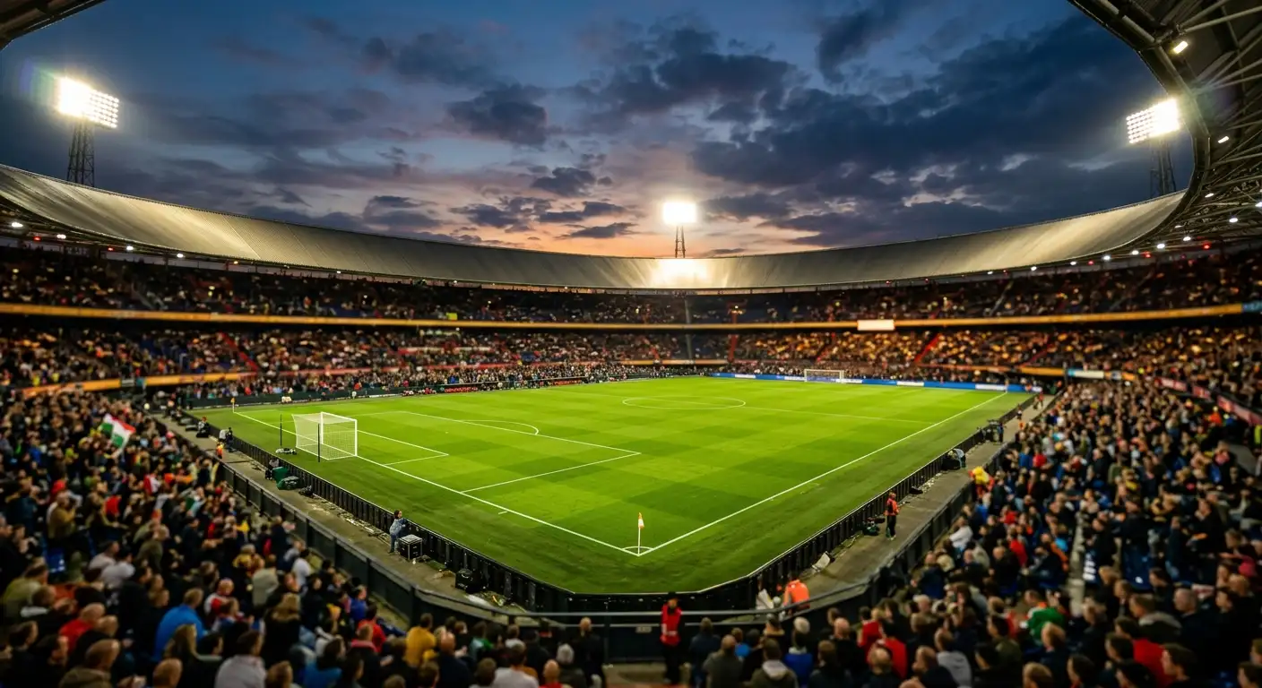Beleuchtetes Fußballstadion in der Abenddämmerung vor einem Spiel der WM 2026