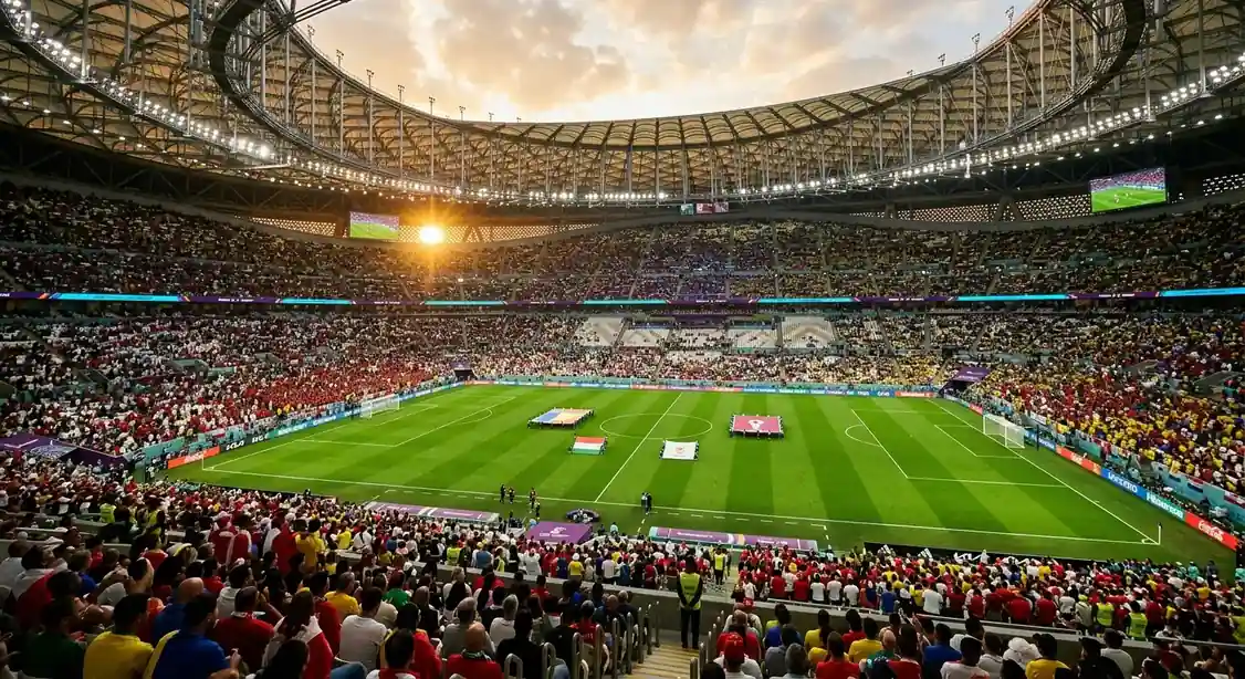 Fußballstadion am frühen Abend mit gespannter Atmosphäre vor einem K.o.-Spiel